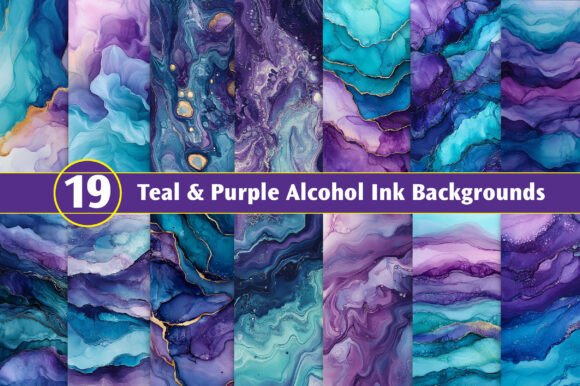Teal and Purple Alcohol Ink Background Collection