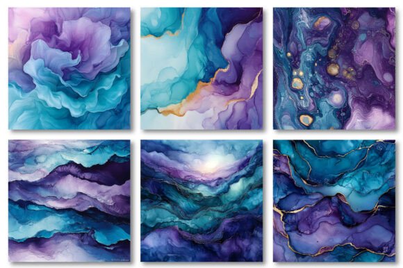Teal and Purple Alcohol Ink Background Collection