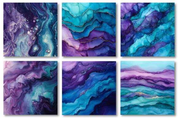 Teal and Purple Alcohol Ink Background Collection
