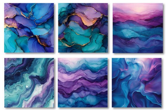 Teal and Purple Alcohol Ink Background Collection